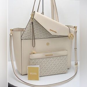 NWT in Box Michael Kors Maise 3N1 Lt Cream Multi Pebble Leather Tote Set